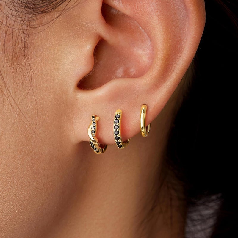 Inerney 14K Gold Plated Huggie Hoop Earrings for Women, Small Sterling Silver Earring Set Hypoallergenic Cartilage Helix Stacks, Mini Dainty Cute Trendy Birthstone Jewelry Gift for Multiple Piercings - Image 3